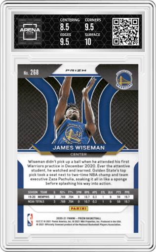James Wiseman from the 2020-21 Panini Prizm set featuring a Red Ice parallel graded by Arena Club and given an overall grade of 9.