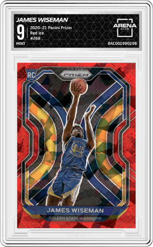 James Wiseman from the 2020-21 Panini Prizm set featuring a Red Ice parallel graded by Arena Club and given an overall grade of 9.
