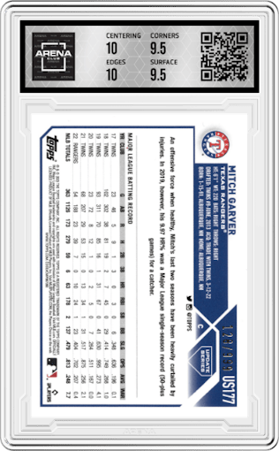Mitch Garver from the 2023 Topps Update set featuring a Blue Foil parallel graded by Arena Club and given an overall grade of 10.