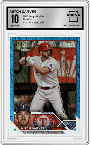 Mitch Garver from the 2023 Topps Update set featuring a Blue Foil parallel graded by Arena Club and given an overall grade of 10.