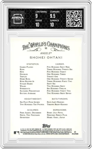 Shohei Ohtani from the 2023 Topps Allen & Ginter set graded by Arena Club and given an overall grade of 9.5.