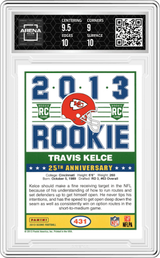 Travis Kelce from the 2013 Score set featuring a Blue parallel graded by Arena Club and given an overall grade of 9.5.
