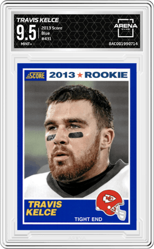 Travis Kelce from the 2013 Score set featuring a Blue parallel graded by Arena Club and given an overall grade of 9.5.