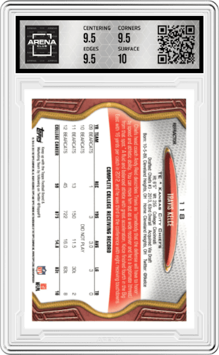 Travis Kelce from the 2013 Topps Chrome set featuring a Refractor parallel graded by Arena Club and given an overall grade of 10.