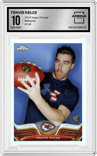 Travis Kelce from the 2013 Topps Chrome set featuring a Refractor parallel graded by Arena Club and given an overall grade of 10.