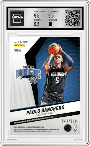 Paolo Banchero from the 2022-23 Panini Revolution  set featuring a Fractal parallel graded by Arena Club and given an overall grade of 10.