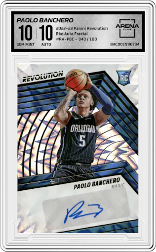 Paolo Banchero from the 2022-23 Panini Revolution  set featuring a Fractal parallel graded by Arena Club and given an overall grade of 10.