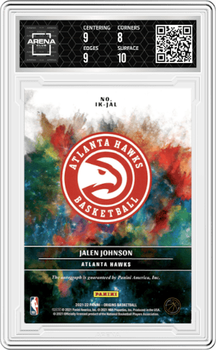 Jalen Johnson from the 2021-22 Panini Origins set graded by Arena Club and given an overall grade of 8.5.
