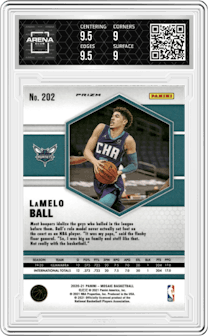 LaMelo Ball from the 2020-21 Panini Mosaic set featuring a Reactive Blue parallel graded by Arena Club and given an overall grade of 9.5.
