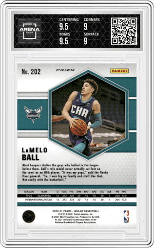 LaMelo Ball from the 2020-21 Panini Mosaic set featuring a Reactive Blue parallel graded by Arena Club and given an overall grade of 9.5.