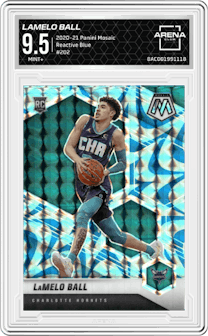 LaMelo Ball from the 2020-21 Panini Mosaic set featuring a Reactive Blue parallel graded by Arena Club and given an overall grade of 9.5.