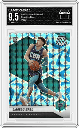 LaMelo Ball from the 2020-21 Panini Mosaic set featuring a Reactive Blue parallel graded by Arena Club and given an overall grade of 9.5.
