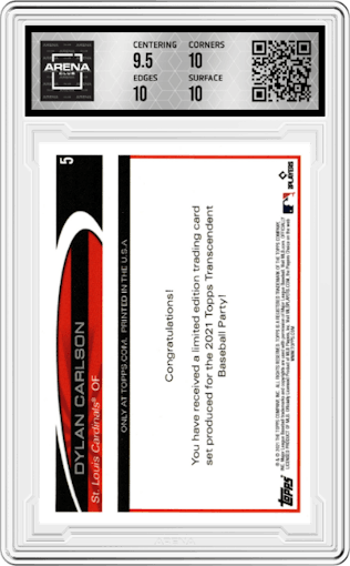 Dylan Carlson from the 2021 Topps Transcendent Collection set graded by Arena Club and given an overall grade of 10.