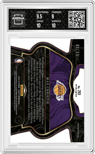 Max Christie from the 2022-23 Panini Select set featuring a Disco Light Blue parallel graded by Arena Club and given an overall grade of 9.5.