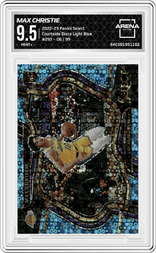 Max Christie from the 2022-23 Panini Select set featuring a Disco Light Blue parallel graded by Arena Club and given an overall grade of 9.5.