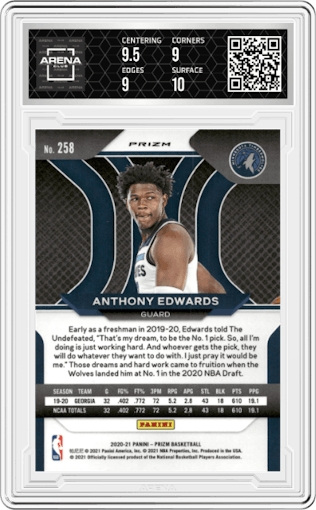 Anthony Edwards from the 2020-21 Panini Prizm set featuring a Green Prizm parallel graded by Arena Club and given an overall grade of 9.5.