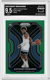 Anthony Edwards from the 2020-21 Panini Prizm set featuring a Green Prizm parallel graded by Arena Club and given an overall grade of 9.5.