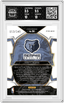 Jake LaRavia from the 2022-23 Panini Select set featuring a White Prizm parallel graded by Arena Club and given an overall grade of 9.