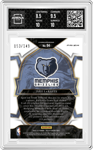 Jake LaRavia from the 2022-23 Panini Select set featuring a White Prizm parallel graded by Arena Club and given an overall grade of 9.