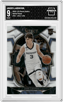 Jake LaRavia from the 2022-23 Panini Select set featuring a White Prizm parallel graded by Arena Club and given an overall grade of 9.