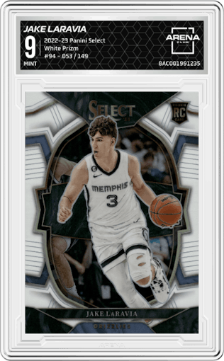 Jake LaRavia from the 2022-23 Panini Select set featuring a White Prizm parallel graded by Arena Club and given an overall grade of 9.