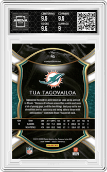 Tua Tagovailoa from the 2020 Panini Select set graded by Arena Club and given an overall grade of 9.5.