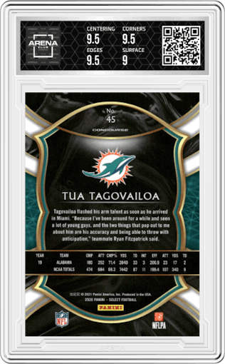 Tua Tagovailoa from the 2020 Panini Select set graded by Arena Club and given an overall grade of 9.5.