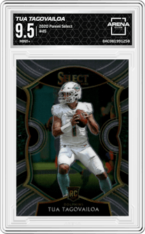 Tua Tagovailoa from the 2020 Panini Select set graded by Arena Club and given an overall grade of 9.5.