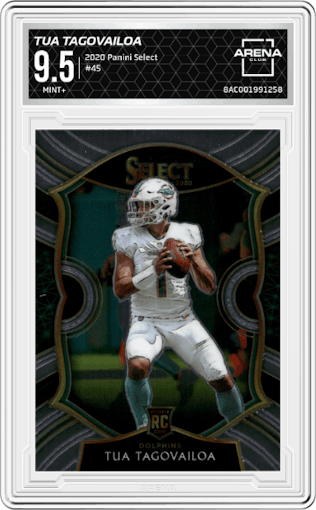 Tua Tagovailoa from the 2020 Panini Select set graded by Arena Club and given an overall grade of 9.5.