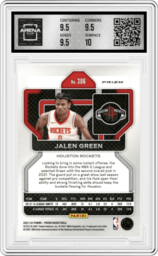 Jalen Green from the 2021-22 Panini Prizm  set featuring a Pink Ice parallel graded by Arena Club and given an overall grade of 10.
