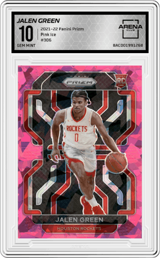 Jalen Green from the 2021-22 Panini Prizm  set featuring a Pink Ice parallel graded by Arena Club and given an overall grade of 10.