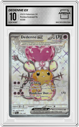 Dedenne ex from the 2023 Pokemon SV set graded by Arena Club and given an overall grade of 10.