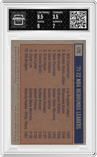 Wilt Chamberlain/Kareem Abdul-Jabbar/Wes Unseld from the 1972-73 Topps Basketball set graded by Arena Club and given an overall grade of 4.