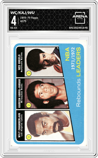 Wilt Chamberlain/Kareem Abdul-Jabbar/Wes Unseld from the 1972-73 Topps Basketball set graded by Arena Club and given an overall grade of 4.