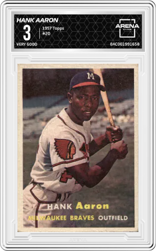 Hank Aaron from the 1957 Topps set graded by Arena Club and given an overall grade of 3.