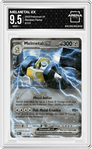Melmetal EX from the 2023 Pokemon SV set graded by Arena Club and given an overall grade of 9.5.