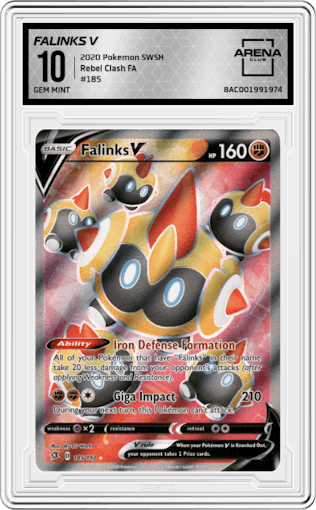 Falinks V from the 2020 Pokemon SWSH set graded by Arena Club and given an overall grade of 10.