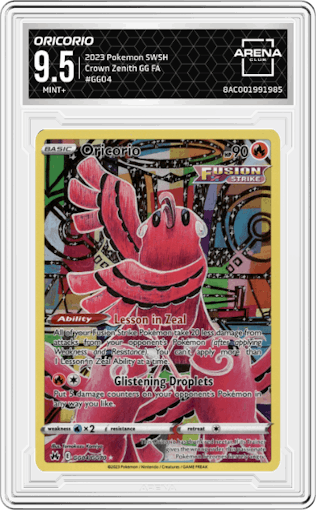 Oricorio from the 2023 Pokemon SWSH set graded by Arena Club and given an overall grade of 9.5.