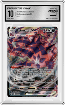 Eternatus VMAX from the 2020 Pokemon SWSH set graded by Arena Club and given an overall grade of 10.