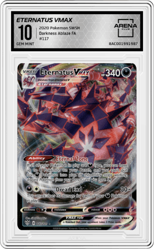 Eternatus VMAX from the 2020 Pokemon SWSH set graded by Arena Club and given an overall grade of 10.