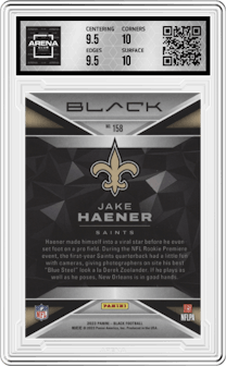 Jake Haener from the 2023 Panini Black set featuring a Emerald parallel graded by Arena Club and given an overall grade of 10.