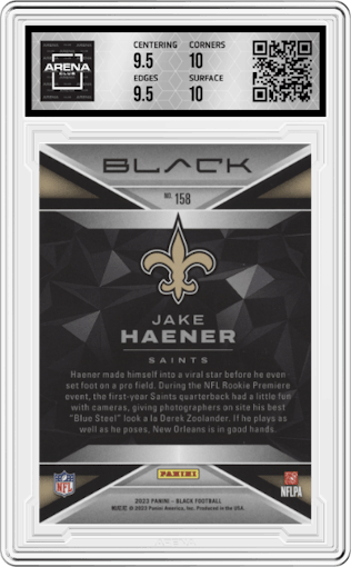 Jake Haener from the 2023 Panini Black set featuring a Emerald parallel graded by Arena Club and given an overall grade of 10.