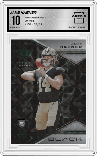 Jake Haener from the 2023 Panini Black set featuring a Emerald parallel graded by Arena Club and given an overall grade of 10.