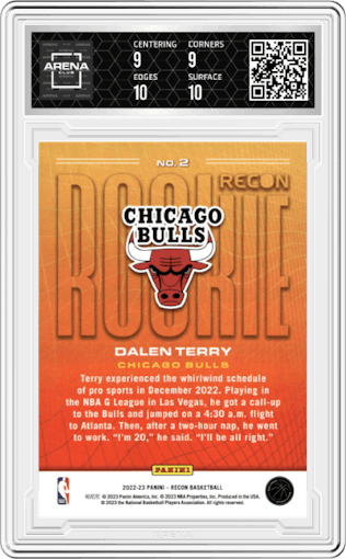 Dalen Terry from the 2022-23 Panini Recon set graded by Arena Club and given an overall grade of 9.5.
