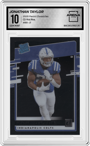 Jonathan Taylor from the 2020 Panini Chronicles set graded by Arena Club and given an overall grade of 10.
