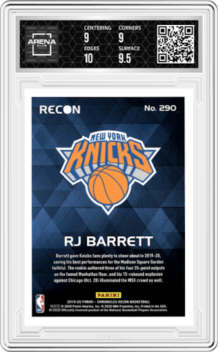 RJ Barrett from the 2019-20 Panini Chronicles  set graded by Arena Club and given an overall grade of 9.5.