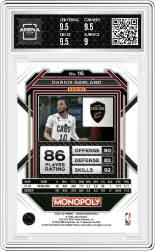 Darius Garland from the 2022-23 Panini Prizm Monopoly set graded by Arena Club and given an overall grade of 9.5.