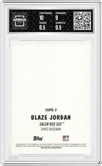 Blaze Jordan from the 2022 Topps Heritage Minor League set graded by Arena Club and given an overall grade of 9.