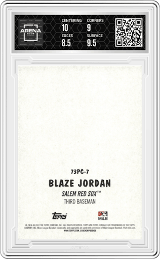 Blaze Jordan from the 2022 Topps Heritage Minor League set graded by Arena Club and given an overall grade of 9.
