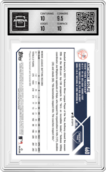 Anthony Volpe from the 2023 Topps Series 2 set graded by Arena Club and given an overall grade of 10.